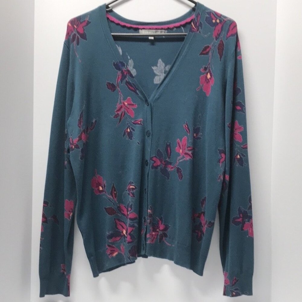 Daniel Rainn Teal Green & Purple Floral V-Neck Button Down Cardigan